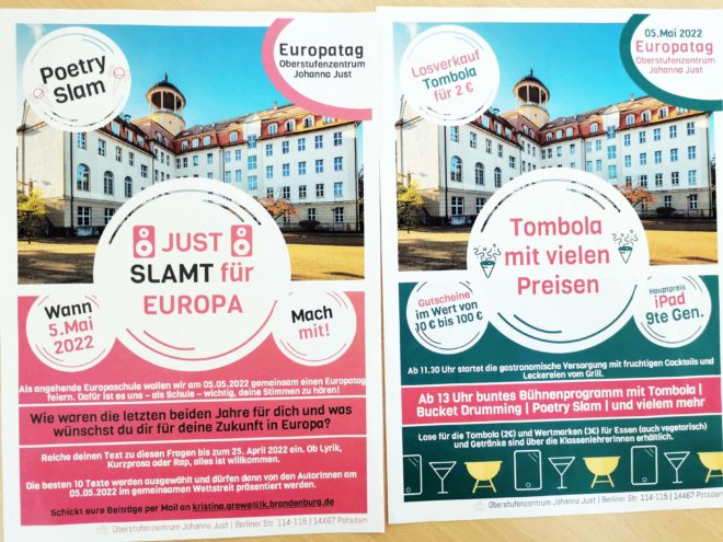 Plakate Europatag 2022 des Oberstufenzentrums Johanna Just, Potsdam